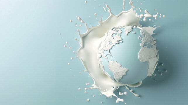 3D illustration of Earth surrounded with milk splash on blue background, celebrate world milk day