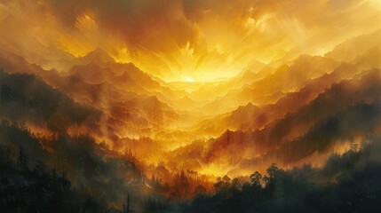 A breathtaking sunrise over the misty mountains, captured in exquisite detail, revealing every ray of golden light as it breaks through the clouds.