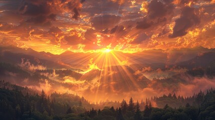 A breathtaking sunrise over the misty mountains, captured in exquisite detail, revealing every ray of golden light as it breaks through the clouds.