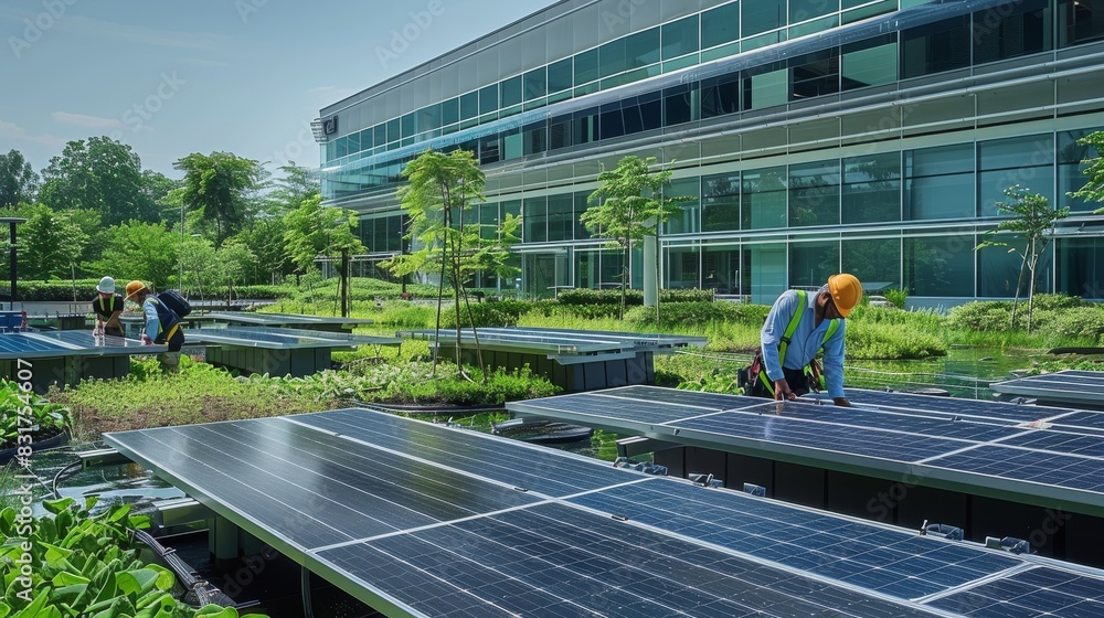 Poster commercial solar installation modern solar array office park, a team of engineers installing state o