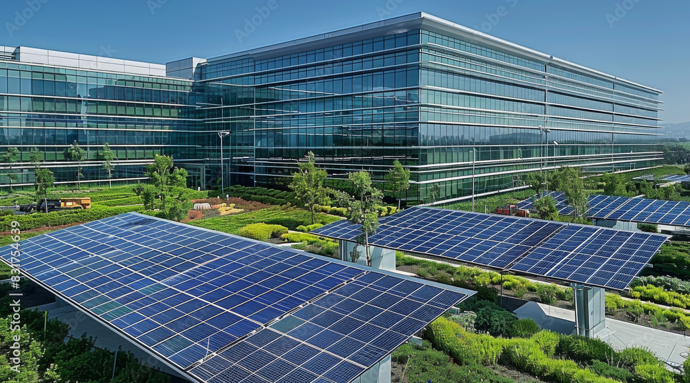 Poster commercial solar installation modern solar array office park, a team of engineers installing state o
