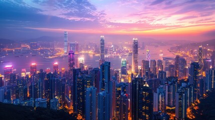 A dynamic cityscape at twilight, with skyscrapers illuminated against the dusky sky, capturing the energy and vibrancy of urban life in striking detail.