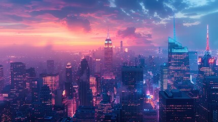 A dynamic cityscape at twilight, with skyscrapers illuminated against the dusky sky, capturing the energy and vibrancy of urban life in striking detail.