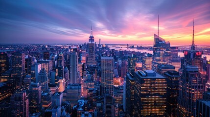 A dynamic cityscape at twilight, with skyscrapers illuminated against the dusky sky, capturing the energy and vibrancy of urban life in striking detail.
