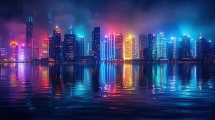 A dynamic city skyline at night, with skyscrapers aglow in a myriad of colors, reflecting in the still waters of a nearby river.