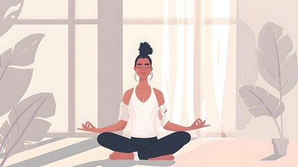 Fototapeta premium Peaceful young woman meditating in kneeling yoga 