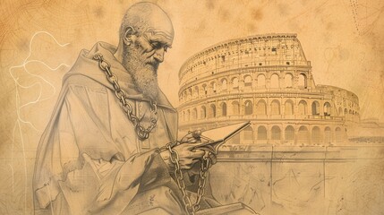 Writing Letters of St. Ignatius of Antioch in Chains, Biblical Illustration, Beige Background, Copyspace