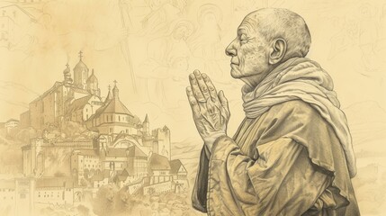 Fototapeta premium Prayer of St. Giles in 7th-Century French Monastery, Biblical Illustration, Beige Background, Copyspace
