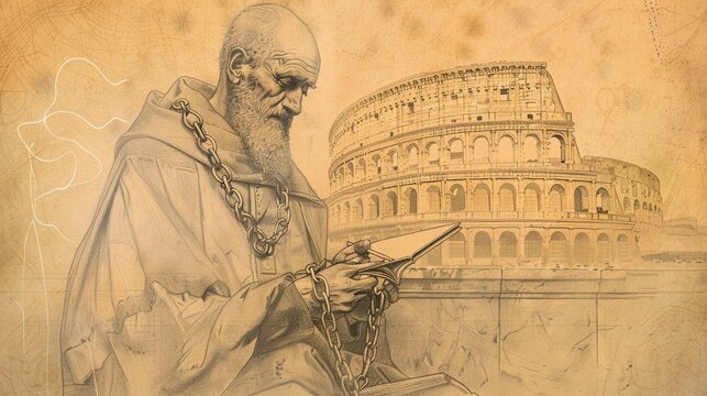 Writing Letters of St. Ignatius of Antioch in Chains, Biblical Illustration, Beige Background, Copyspace