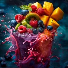 A vibrant smoothie being blended, with chunks of fruit swirling inside.