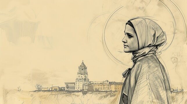 Service of St. Frances Xavier Cabrini to Immigrants, Early 20th-Century America, Biblical Illustration, Beige Background, Copyspace