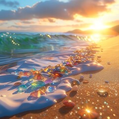 Vibrant sunset over a beach with colorful stones and waves glittering in the golden sunlight, perfect for peaceful and serene moments.