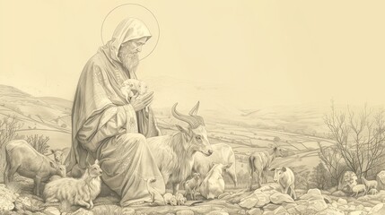 In Hermitage Surrounded by Animals, St. Kevin of Glendalough with Irish Countryside, Biblical Illustration, Beige Background, Copyspace