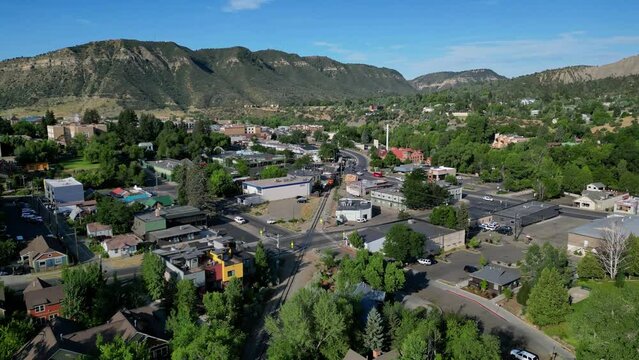 Beautiful Historical Durango Silverton Railroad Train passing through town of Durango, Colorado