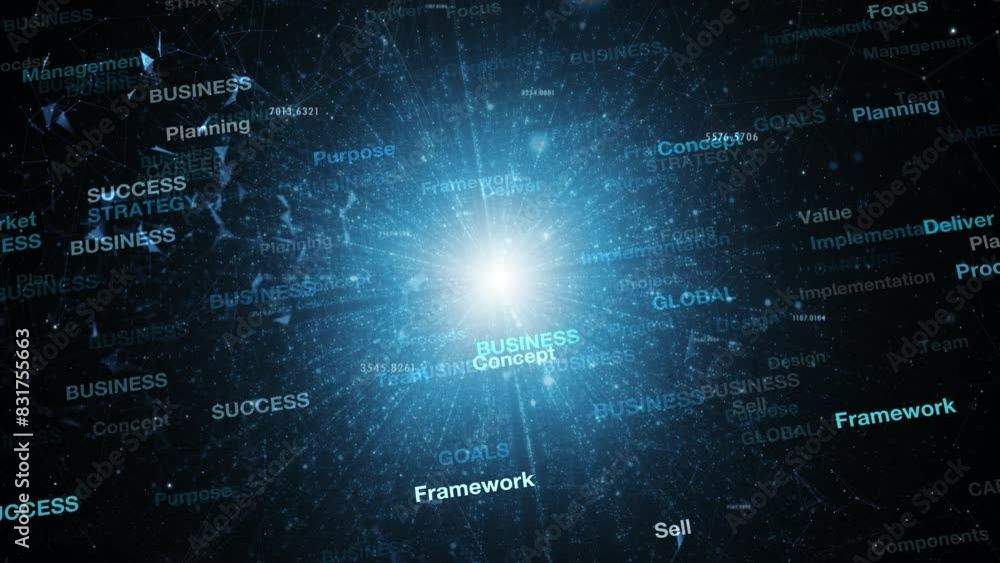 Poster concept business success and computer technology word cloud animation background.
