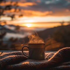 Steaming coffee mug on a cozy blanket with a scenic mountain sunrise in the background, evoking warmth and serenity.