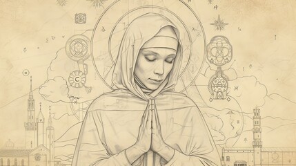 Prayer of St. Scholastica in 6th-Century Italian Monastery, Biblical Illustration, Beige Background, Copyspace