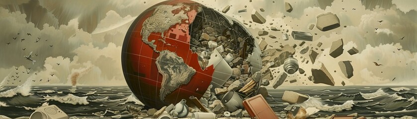 Symbolic artwork of the Earth being shattered by a hammer, representing environmental destruction and global crisis.