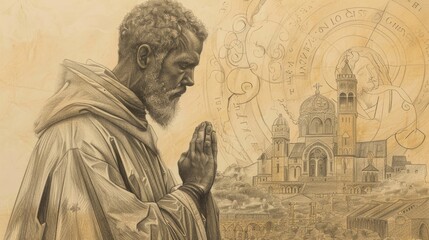 Fototapeta premium Prayer of St. Giles in 7th-Century French Monastery, Biblical Illustration, Beige Background, Copyspace