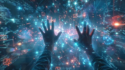 A person in a virtual reality world surrounded by a pulsing network of data nodes using their hands to manipulate and analyze the connections between them.