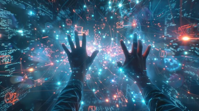 A person in a virtual reality world surrounded by a pulsing network of data nodes using their hands to manipulate and analyze the connections between them.