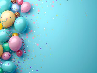 Carnival Atmosphere Fills Minimalist Corner of Electric Blue Background with Balloons Streamers and