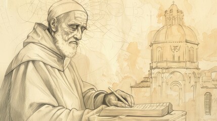Writing of St. Isidore of Seville in 7th-Century Spanish Church, Biblical Illustration, Beige Background, Copyspace