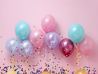 Carnival Atmosphere Fills Minimalist Pastel Pink Background with Balloons Streamers and Confetti
