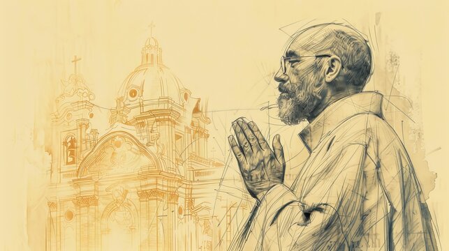 Vision of Christ to St. Ignatius of Loyola in Prayer, Jesuit Order, Biblical Illustration, Beige Background, Copyspace