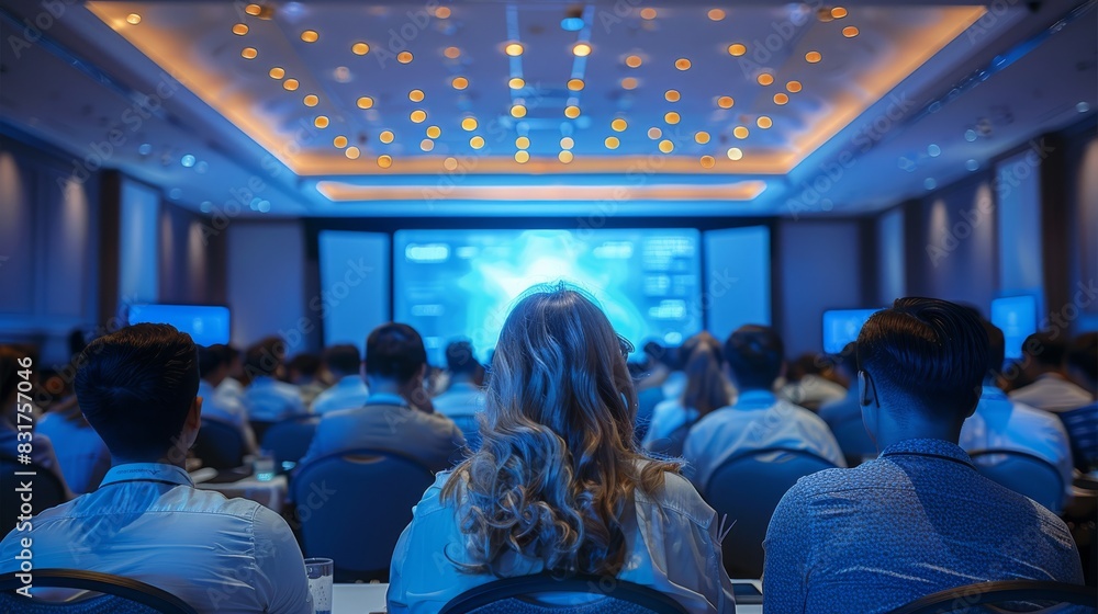 Aufkleber a conference was held in a hotel, with many people sitting at long tables and watching presentations
