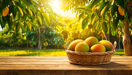 A wooden table, with sweet mango in a basket with leaves and a mango tree orchard in the backdrop with sunlight. Generative AI