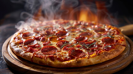 Hot pepperoni pizza tasty pizza composition with melting cheese bacon tomatoes ham paprika serve on wooden plate with little steam smoke on black background. Generative AI.
