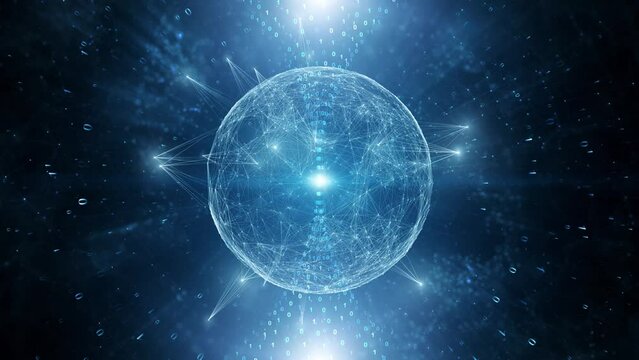 Glowing 3d sphere with binary numbers data cyberspace animation.