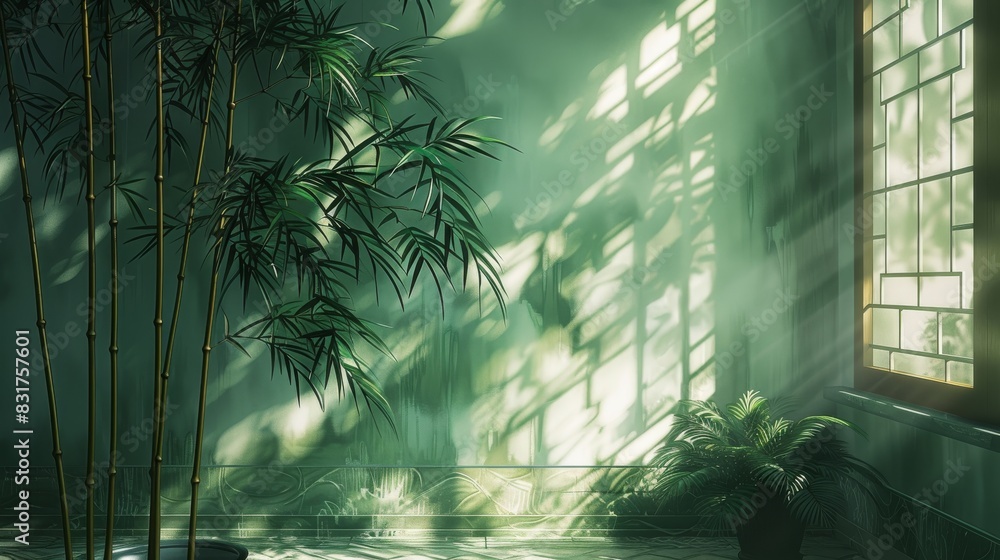 Poster light shines on the bamboo, casting shadows on the dark green chinese-style wall. generative ai.