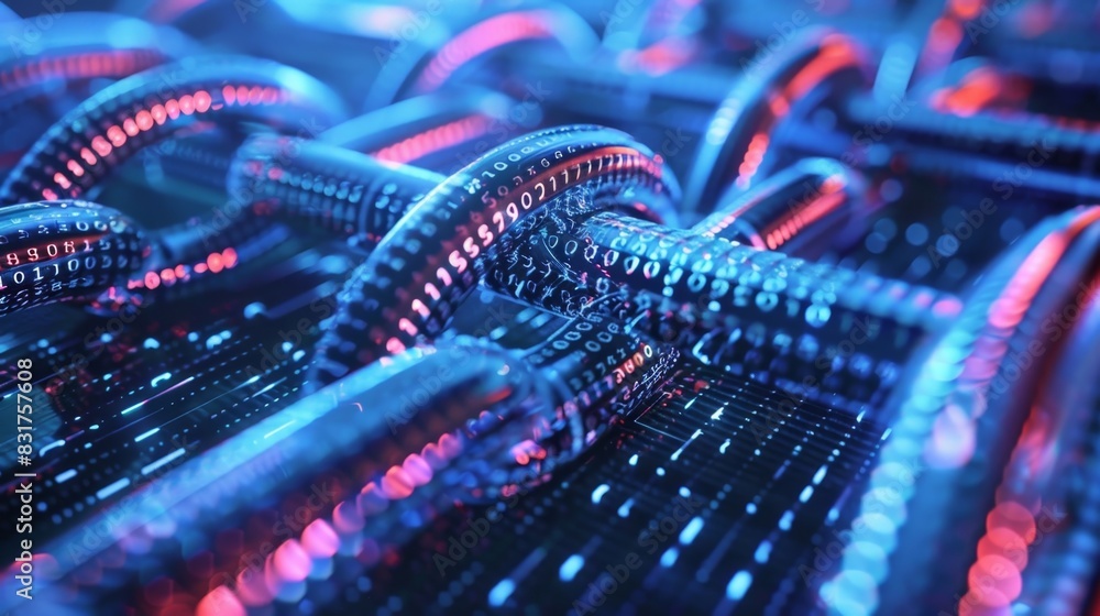 Poster a mesh of interconnected wires carrying encrypted data packets through the blockchain network repres