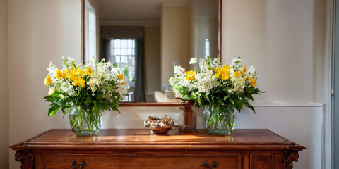 A bright and welcoming entryway with a large window, a hardwood floor, and a simple and functional console table, decorated with a vase of fresh flowers.