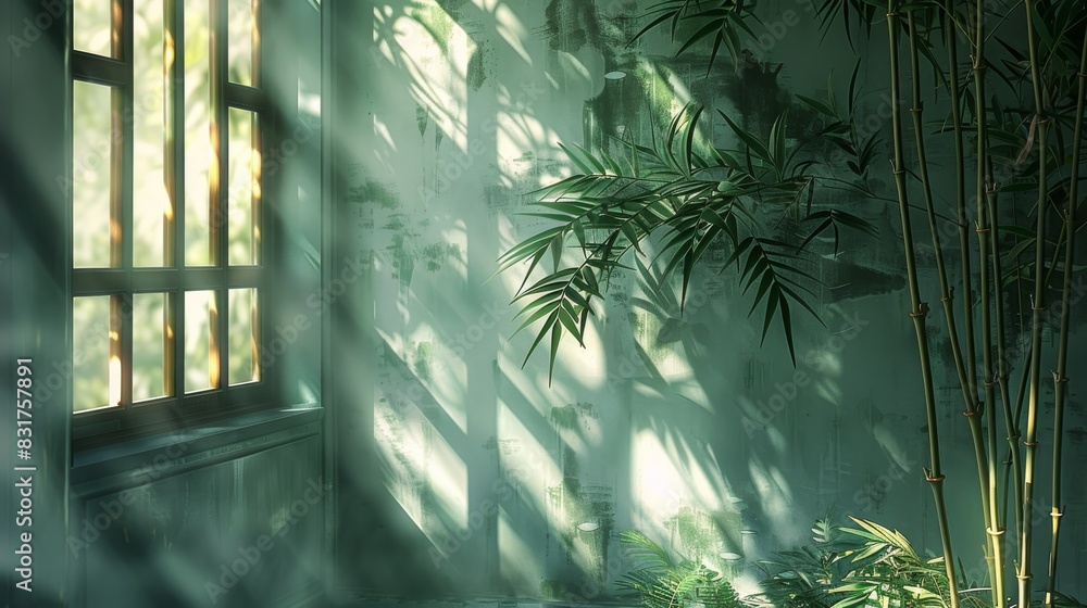 Poster light shines on the bamboo, casting shadows on the dark green chinese-style wall. generative ai.