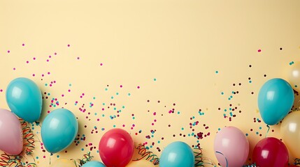 Carnival Decor Minimalism Vibrant Balloons and Streamers Adorning a Pastel Yellow Backdrop