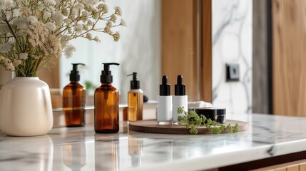 Cosmetic Beauty Products: Luxurious skincare and makeup essentials on a vanity table
