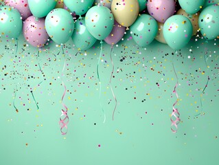 Carnival Atmosphere Balloons Streamers and Confetti Minimalist Pastel Green Backdrop