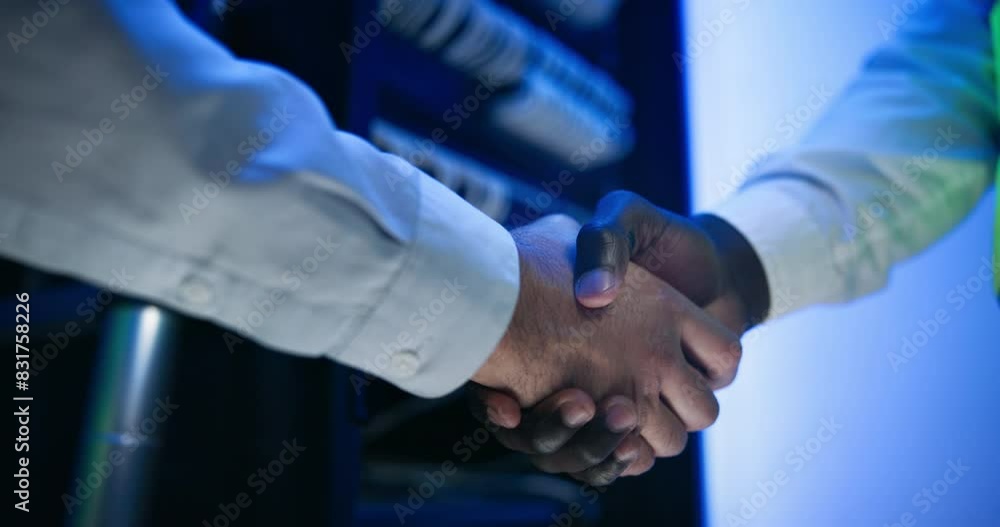 Poster server room, shaking hands and engineer people with internet, deal and agreement for partnership. te