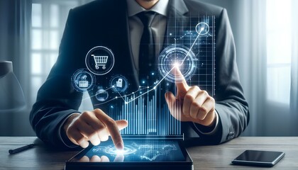 image depicting the concept of sales growth. A businessman is touching a graph showing an increase in sales volume