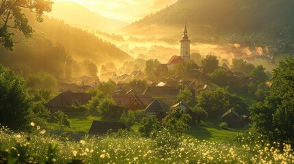 Naklejka premium A quaint village nestled in a verdant valley, bathed in the soft glow of the setting sun, evoking a sense of nostalgia and tranquility.