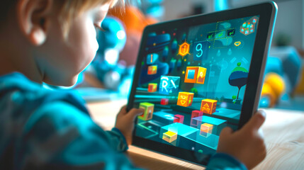 Children play tablet educational games designed to teach coding. Stay on the tablet screen