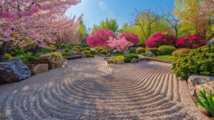 A tranquil Japanese garden, with meticulously raked sand and vibrant cherry blossoms in full bloom, embodying harmony and beauty.
