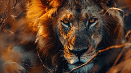 Naklejka premium Majestic Wildlife Encounter: Close-up of a lion resting in the African savannah