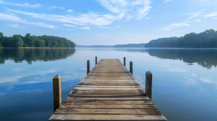Peaceful Lakeside Retreat: Wooden dock extending into calm water