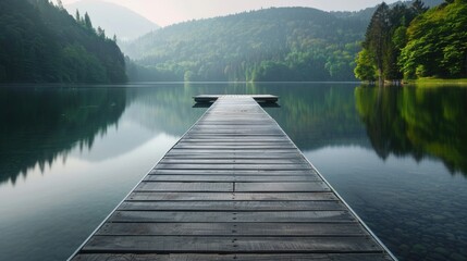 Peaceful Lakeside Retreat: Wooden dock extending into calm water