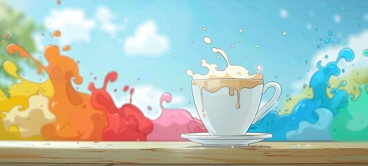 Vibrant splash of colorful paint with a cup of cappuccino on a wooden table against a bright blue sky. Artistic coffee break fantasy.