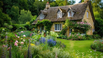 Obraz premium Picturesque Countryside Cottage: Quaint house surrounded by blooming flowers